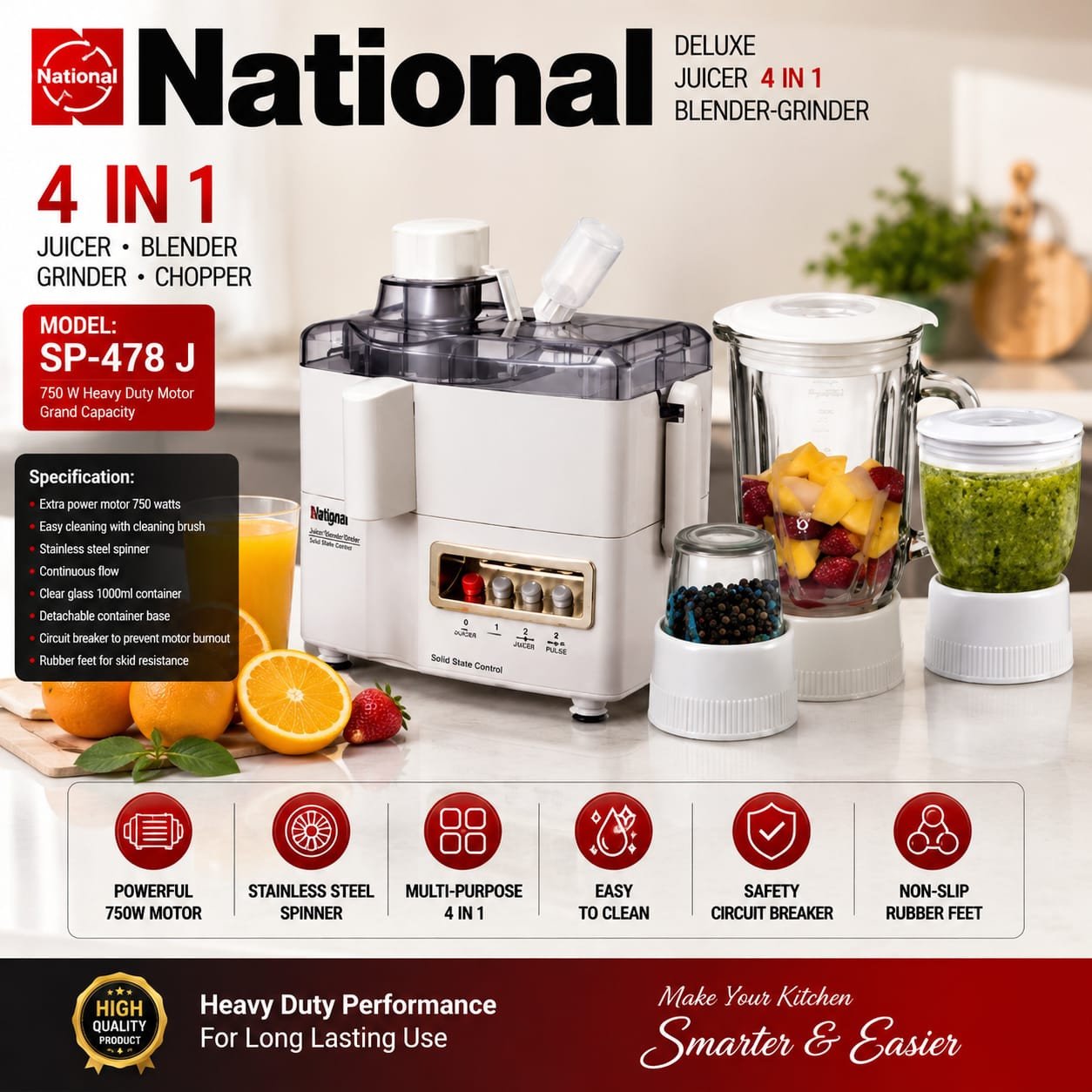 National 4-in-1 Juicer Blender Grinder Chopper, Powerful Motor, Multi-Function Kitchen Machine for Smoothies, Juice, Dry Grinding & Chopping