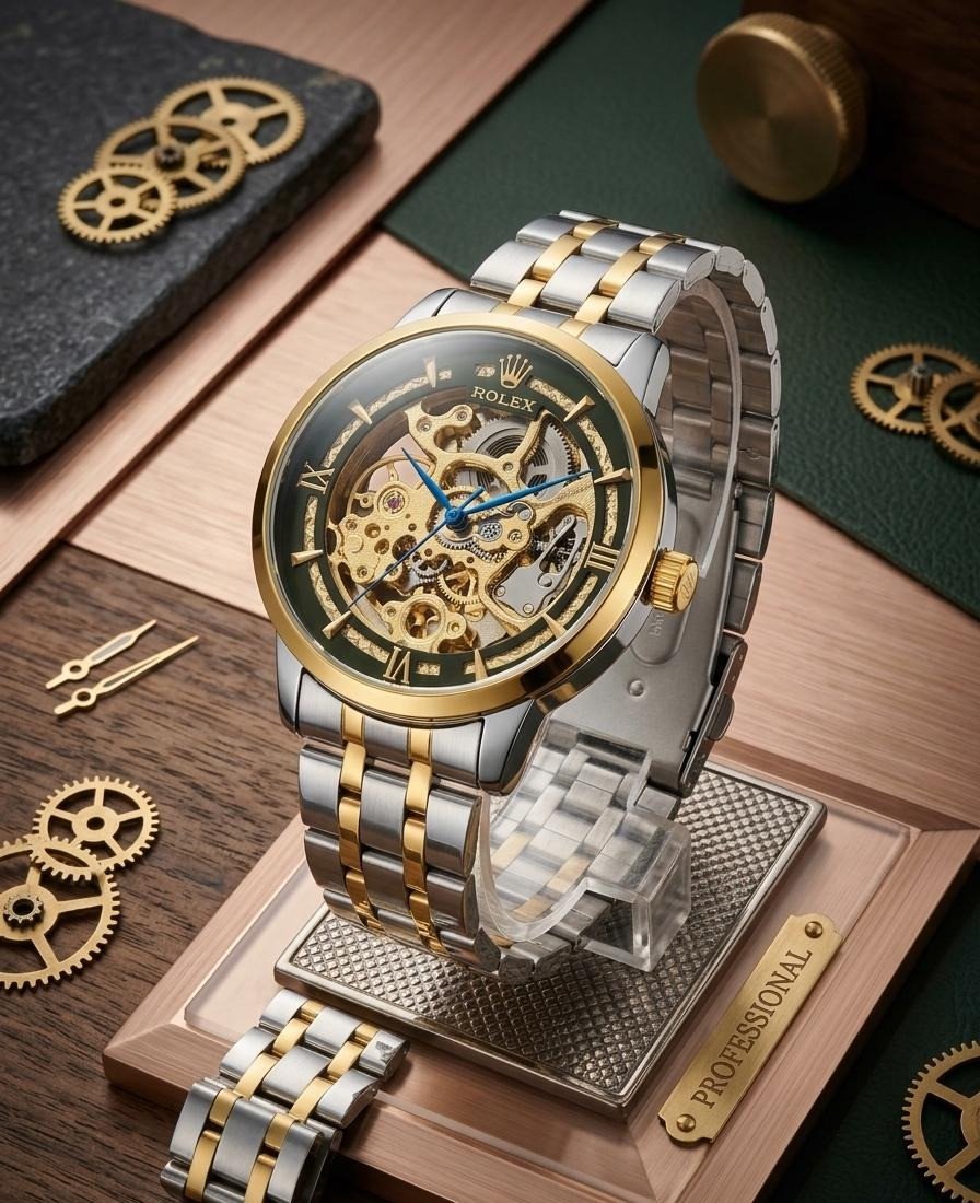 Luxury Skeleton Mechanical Watch for Men – Silver & Gold Two Tone Automatic Style Wrist Watch