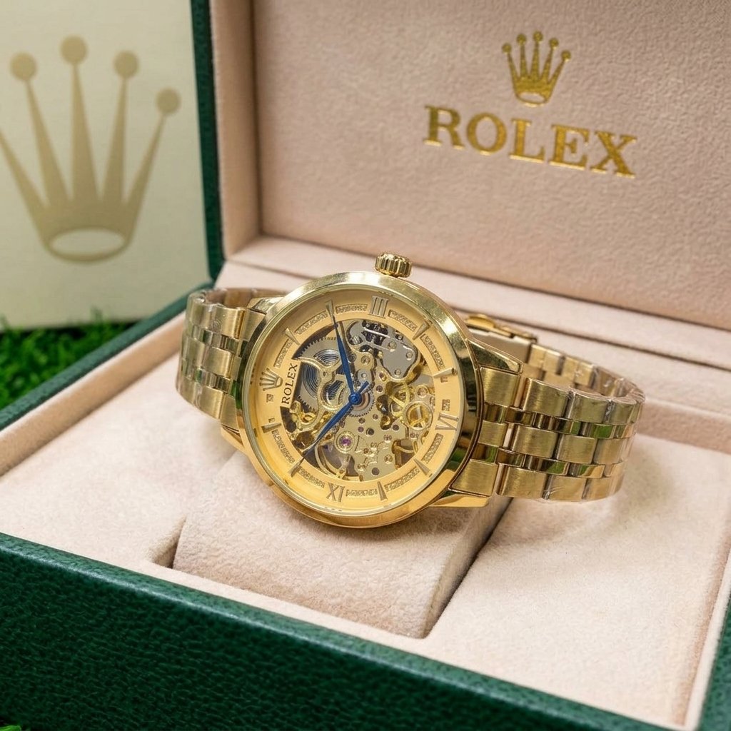 Men’s Luxury Skeleton Automatic Mechanical Watch | Golden Stainless Steel Strap | Transparent Dial Fashion Wrist Watch