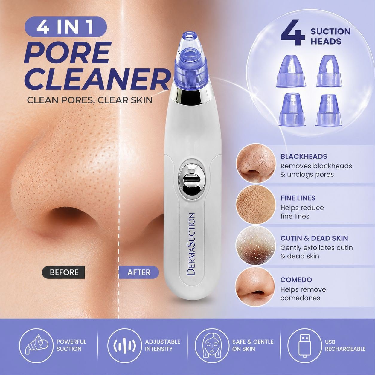 4-in-1 Blackhead Remover Pore Vacuum, USB Rechargeable Facial Pore Cleaner with 4 Suction Heads, Adjustable Suction Intensity, Electric Face Pore Cleaning Tool for Men & Women,
