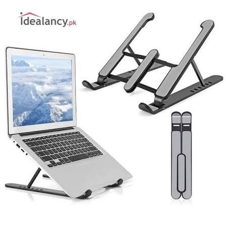 Aluminium Laptop Stand Silver & Black With Detachable Single & Dual Fan Stand For Laptop - 7 Gear To Adjust Height & Anti Slip Rubber Grip - Full Metal Body Adjustable Portable And Foldable Laptop Stand