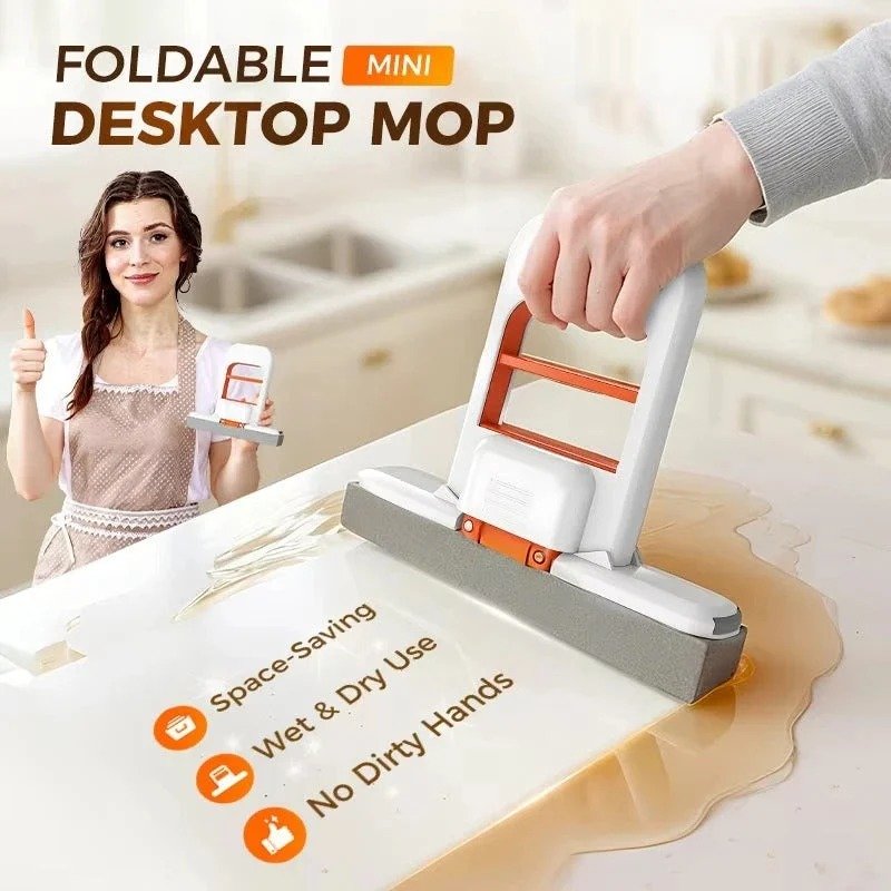 Self-Squeezing Mini Mop – Portable Foldable Handheld Mop with Built-in Squeegee for Kitchen, Bathroom, Countertops & Tile Walls