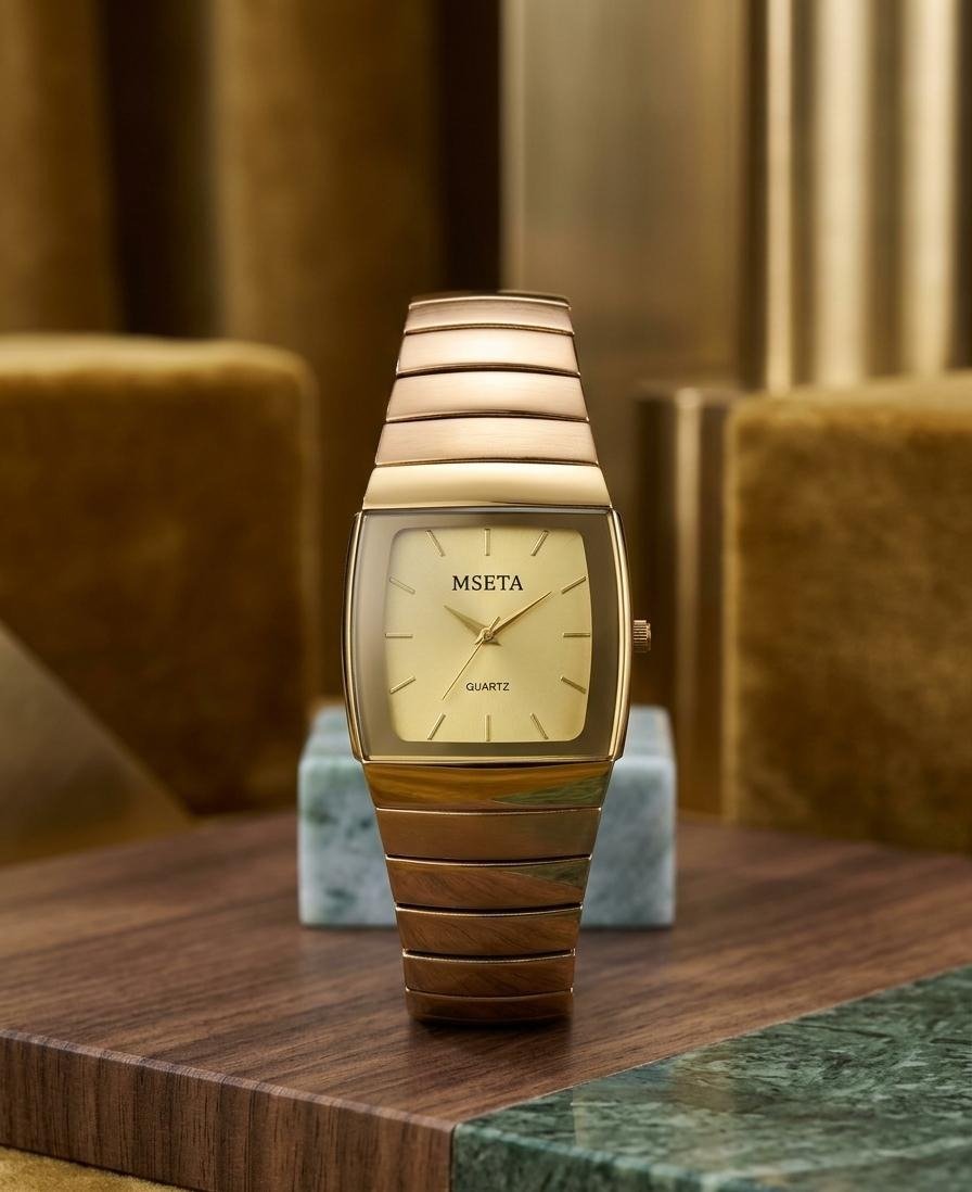 Luxury Gold-Tone Stainless Steel Watch for Men ,Square Dial Quartz Analog Wristwatch, Elegant Minimalist Fashion Watch
